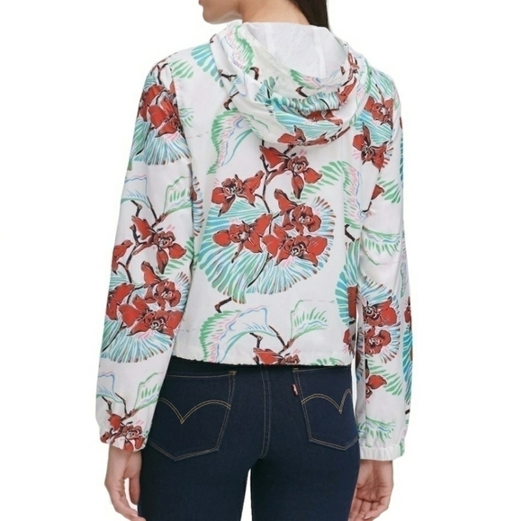 LEVI'S Tropical Hawaiian Floral Flower  White Windbreaker Hooded Jacket Size L - Picture 2 of 12